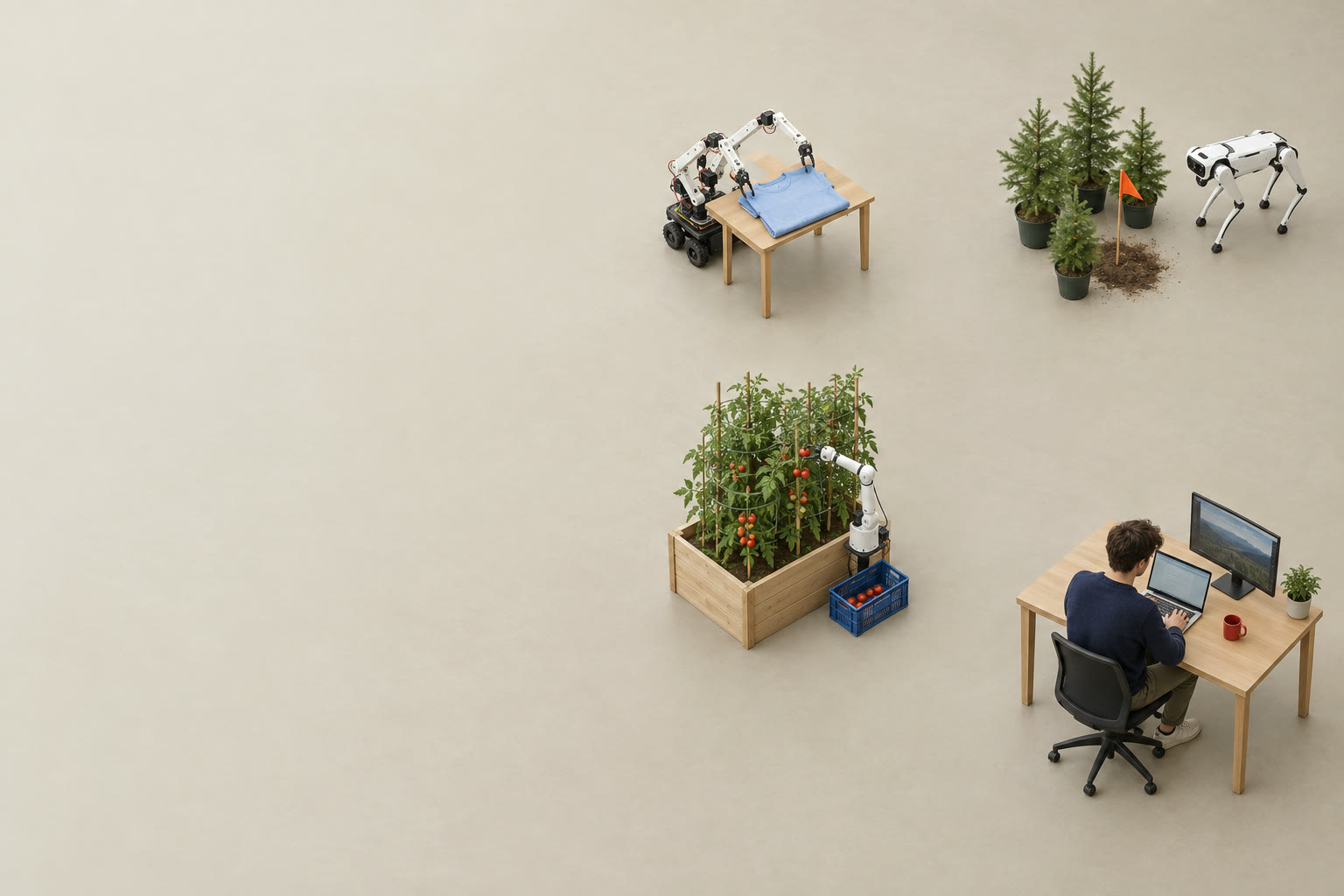 A greige studio floor with small islands: a two-arm robot folding a shirt, a robot dog by pine trees, a robot arm picking tomatoes, and a person at a desk